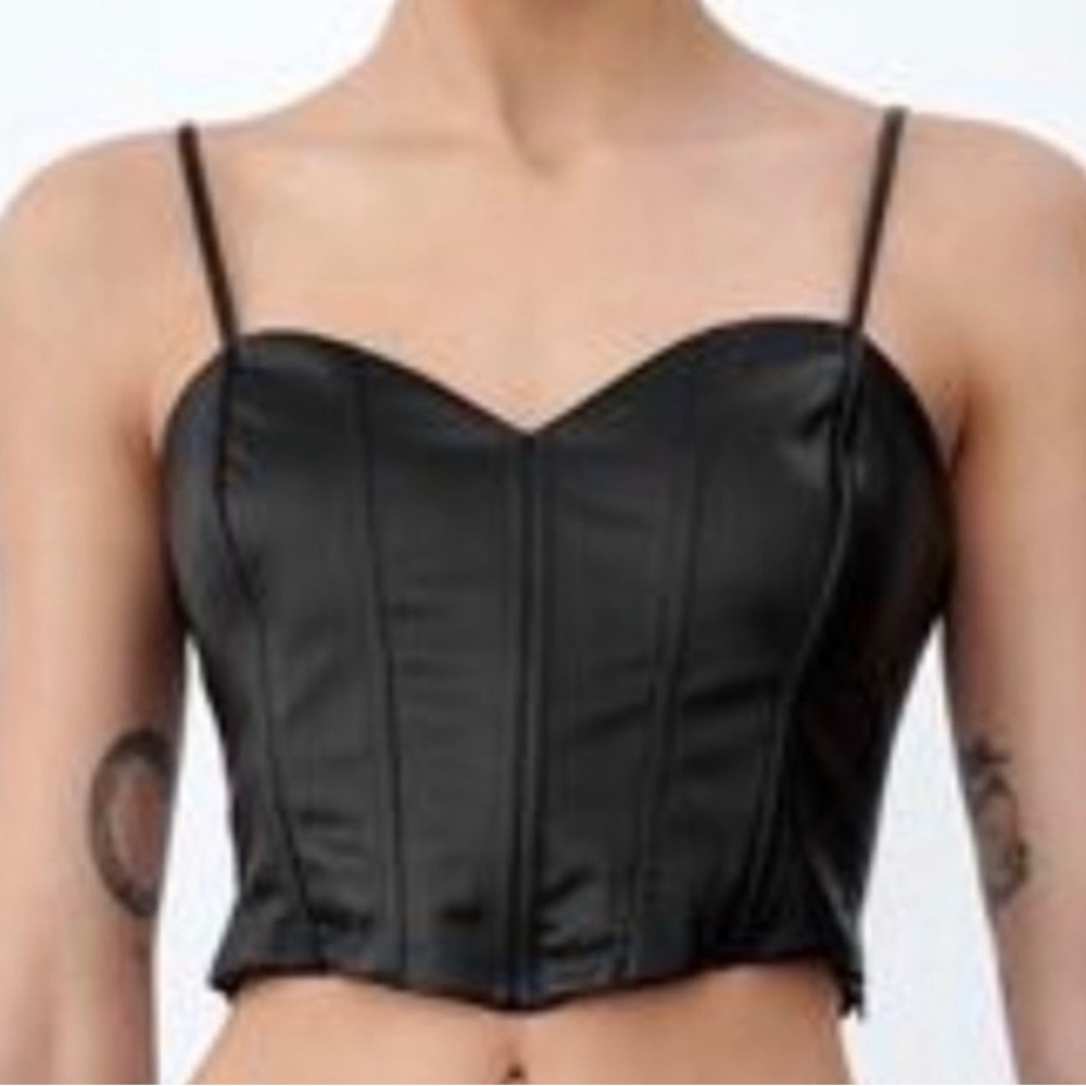 New ZARA black vegan faux leather corset bralette fashion goth top S